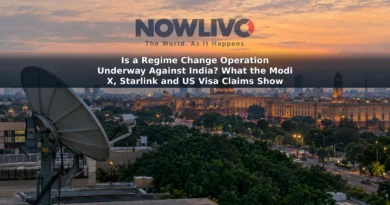 Satellite communications dish overlooking New Delhi’s government district at dusk
