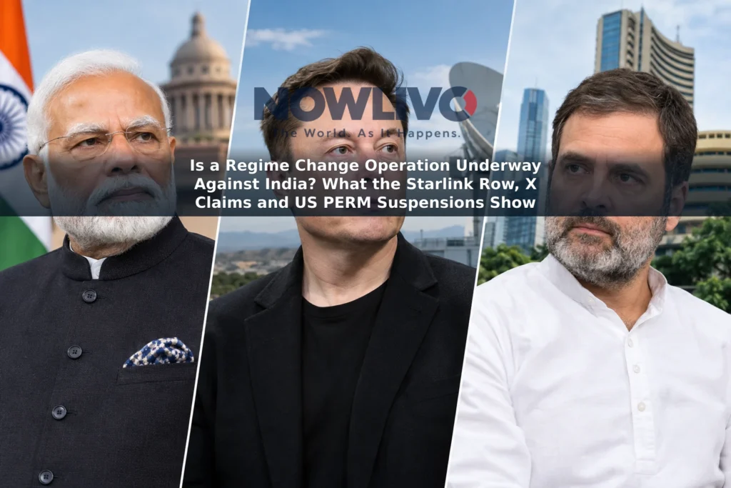 Editorial composite with separate portraits of Narendra Modi, Elon Musk and Rahul Gandhi, alongside satellite-internet and Indian financial-district imagery.