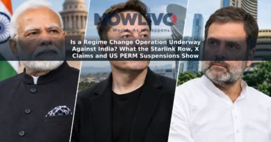 Editorial composite with separate portraits of Narendra Modi, Elon Musk and Rahul Gandhi, alongside satellite-internet and Indian financial-district imagery.