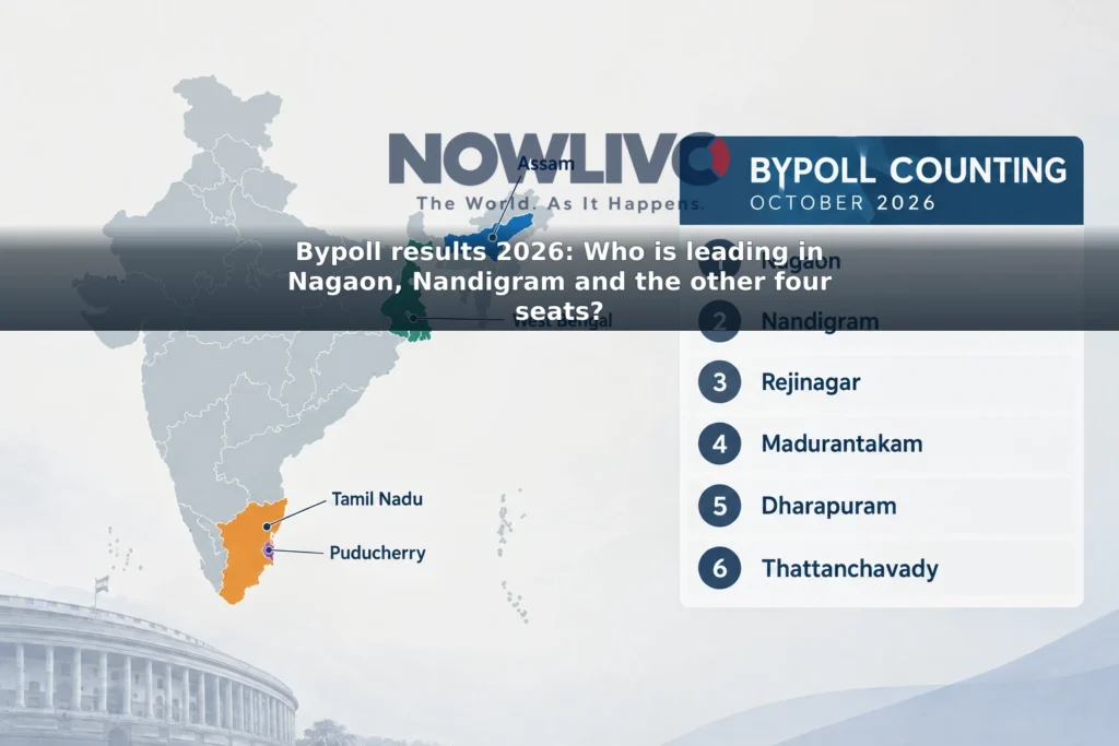 Illustrative map and tally board identifying the six bypoll constituencies in Assam, West Bengal, Tamil Nadu and Puducherry