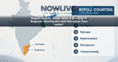 Illustrative map and tally board identifying the six bypoll constituencies in Assam, West Bengal, Tamil Nadu and Puducherry