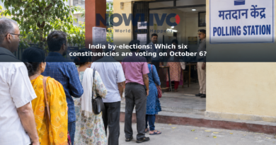 Adult voters queue outside a polling station on an Indian street.