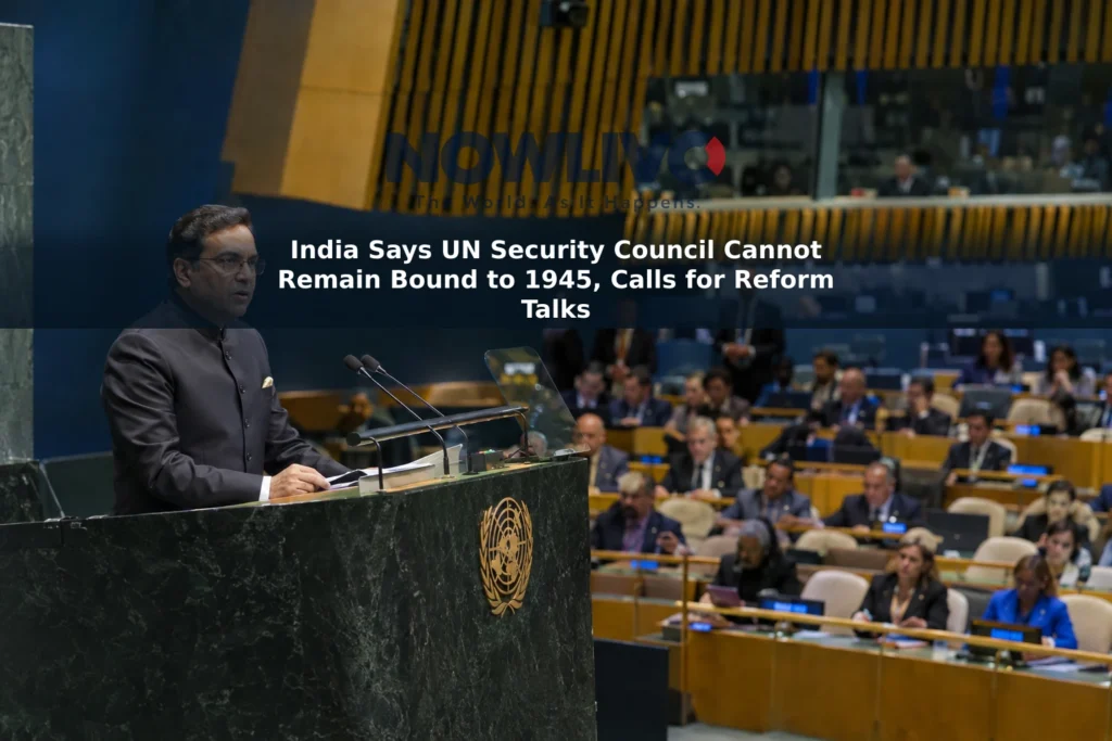 Editorial-style illustration of Indian ambassador Parvathaneni Harish addressing delegates in the UN General Assembly hall.