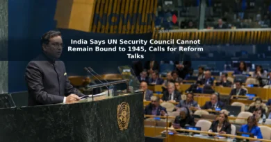 Editorial-style illustration of Indian ambassador Parvathaneni Harish addressing delegates in the UN General Assembly hall.