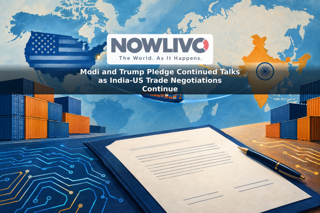 Illustrated trade routes connect India and the United States beside shipping containers and a partly completed agreement document.