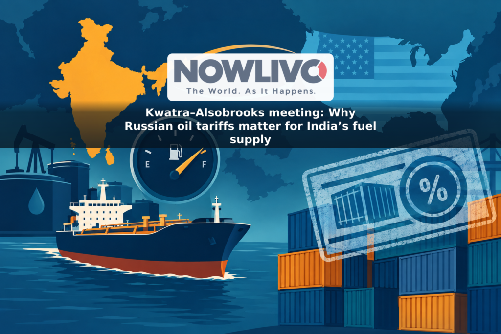 Illustrated map linking India and the United States, with an oil tanker, fuel gauge and tariff-marked trade containers.