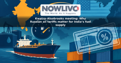 Illustrated map linking India and the United States, with an oil tanker, fuel gauge and tariff-marked trade containers.