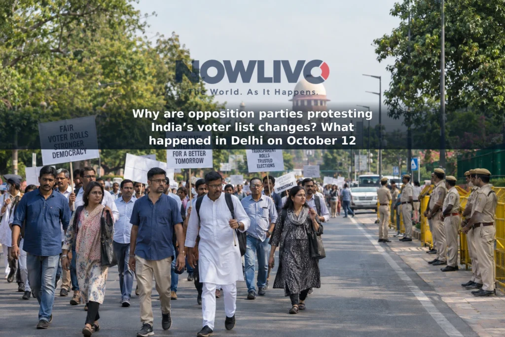 Illustration of adult protesters walking through New Delhi with placards about voter lists.