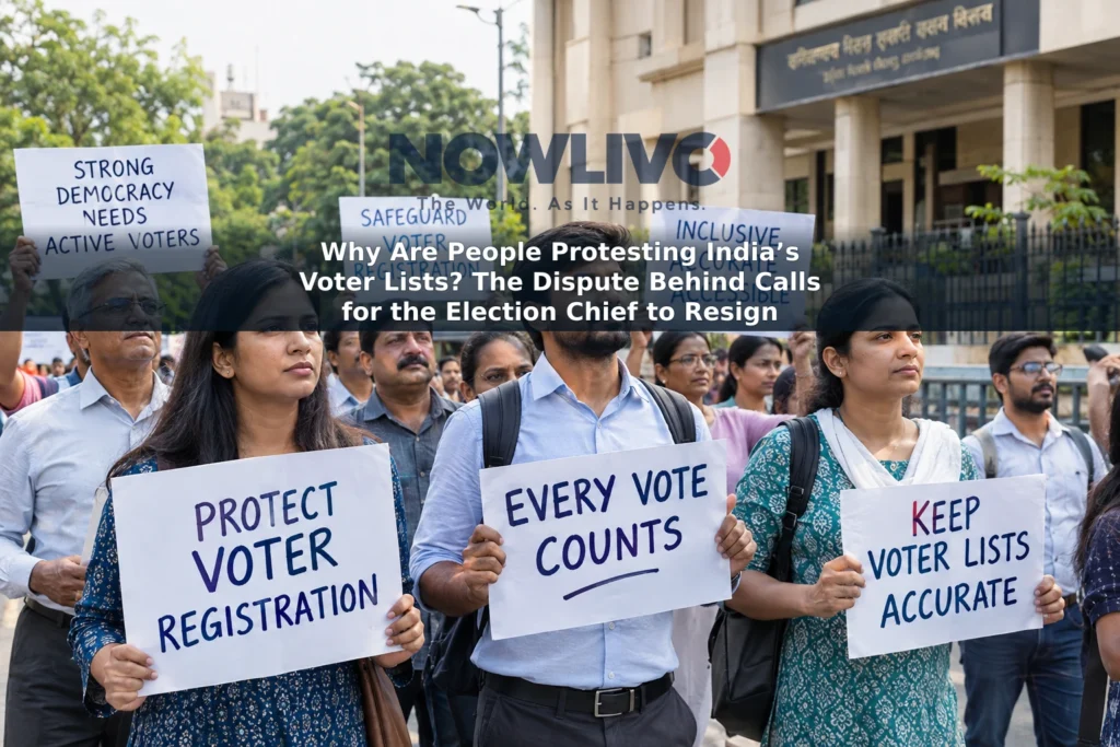 Editorial illustration of adults demonstrating over voter registration in an Indian city.