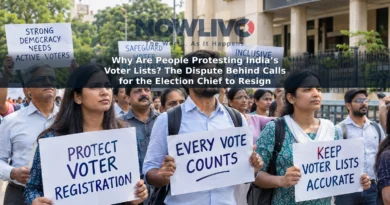 Editorial illustration of adults demonstrating over voter registration in an Indian city.