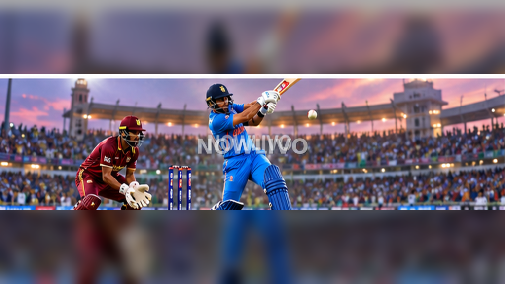 Indian batter in blue playing an attacking cricket shot against a West Indies fielder in a packed stadium