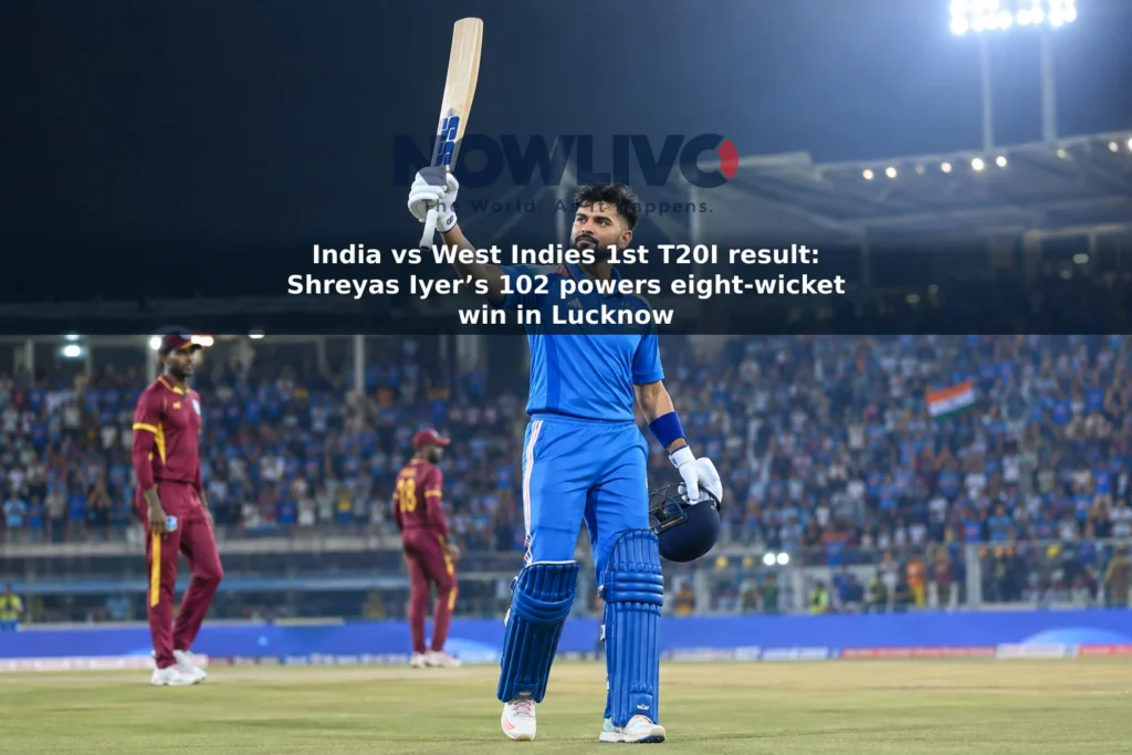 Illustration of Shreyas Iyer raising his bat at a floodlit cricket stadium, with West Indies fielders in the background.