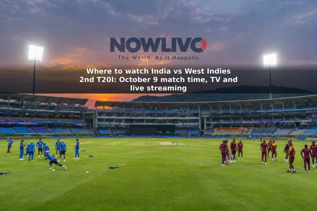 Illustrated pre-match scene at a floodlit cricket ground, with India and West Indies players warming up.