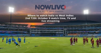 Illustrated pre-match scene at a floodlit cricket ground, with India and West Indies players warming up.