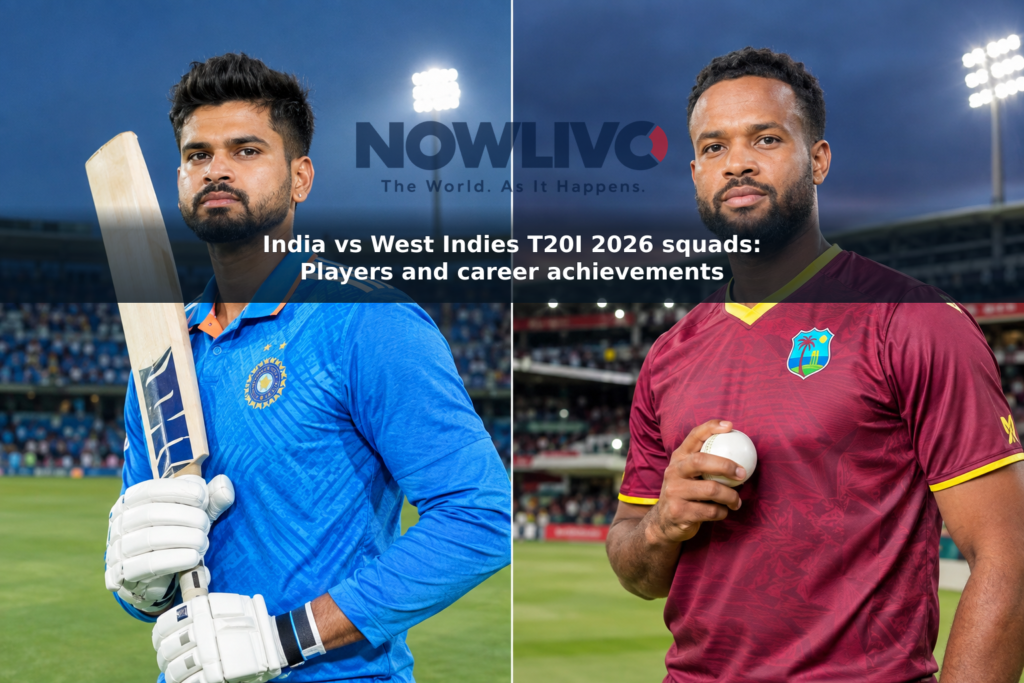 Split editorial portrait of India captain Shreyas Iyer and West Indies captain Shai Hope in separate floodlit cricket stadium settings.