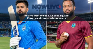 Split editorial portrait of India captain Shreyas Iyer and West Indies captain Shai Hope in separate floodlit cricket stadium settings.