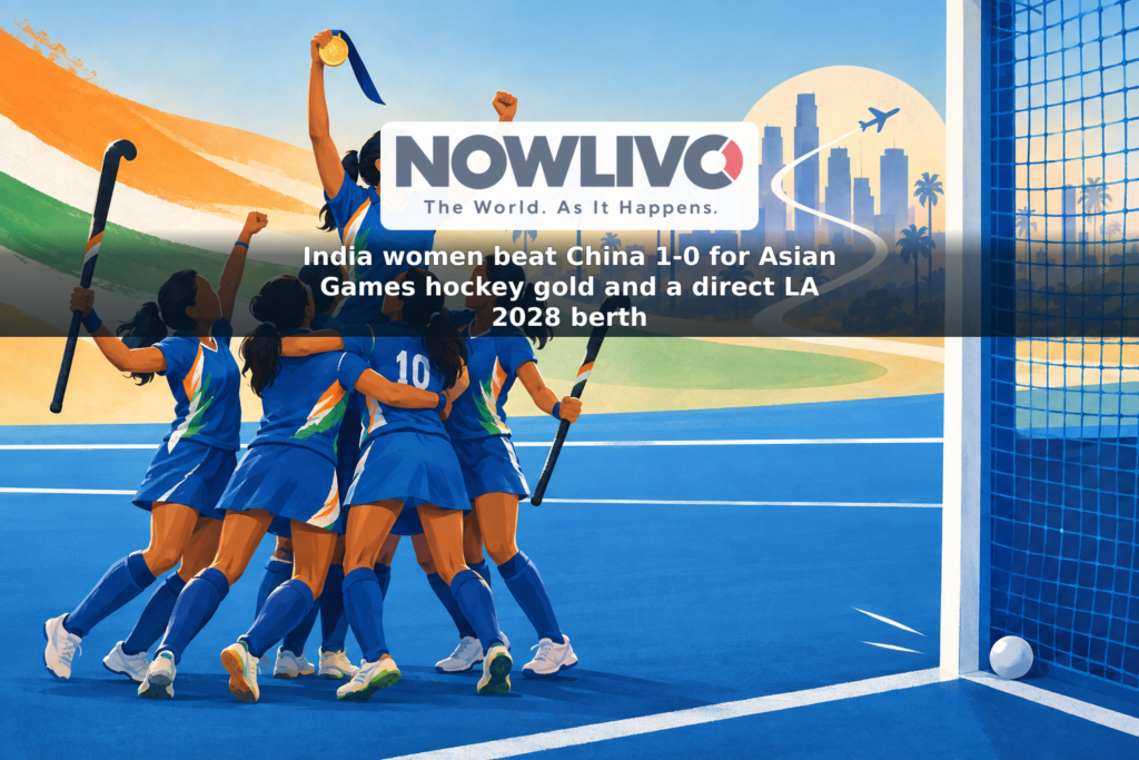 Illustration of women’s field hockey players celebrating gold beside a pitch, with a visual motif pointing toward Los Angeles 2028.