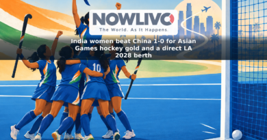 Illustration of women’s field hockey players celebrating gold beside a pitch, with a visual motif pointing toward Los Angeles 2028.