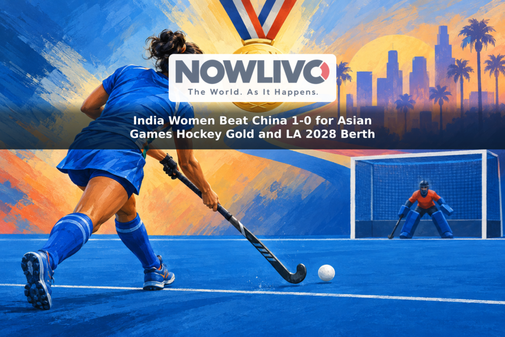 Illustration of a women’s field hockey player in blue striking a ball, with a gold medal motif and a symbolic path toward Los Angeles 2028.