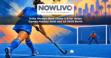 Illustration of a women’s field hockey player in blue striking a ball, with a gold medal motif and a symbolic path toward Los Angeles 2028.
