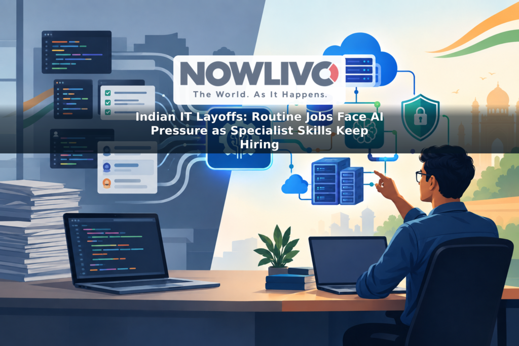 Conceptual illustration contrasting repetitive IT tasks with specialist work in AI, data, cloud and cybersecurity.