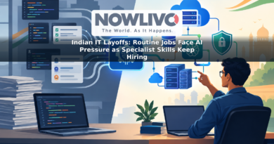 Conceptual illustration contrasting repetitive IT tasks with specialist work in AI, data, cloud and cybersecurity.