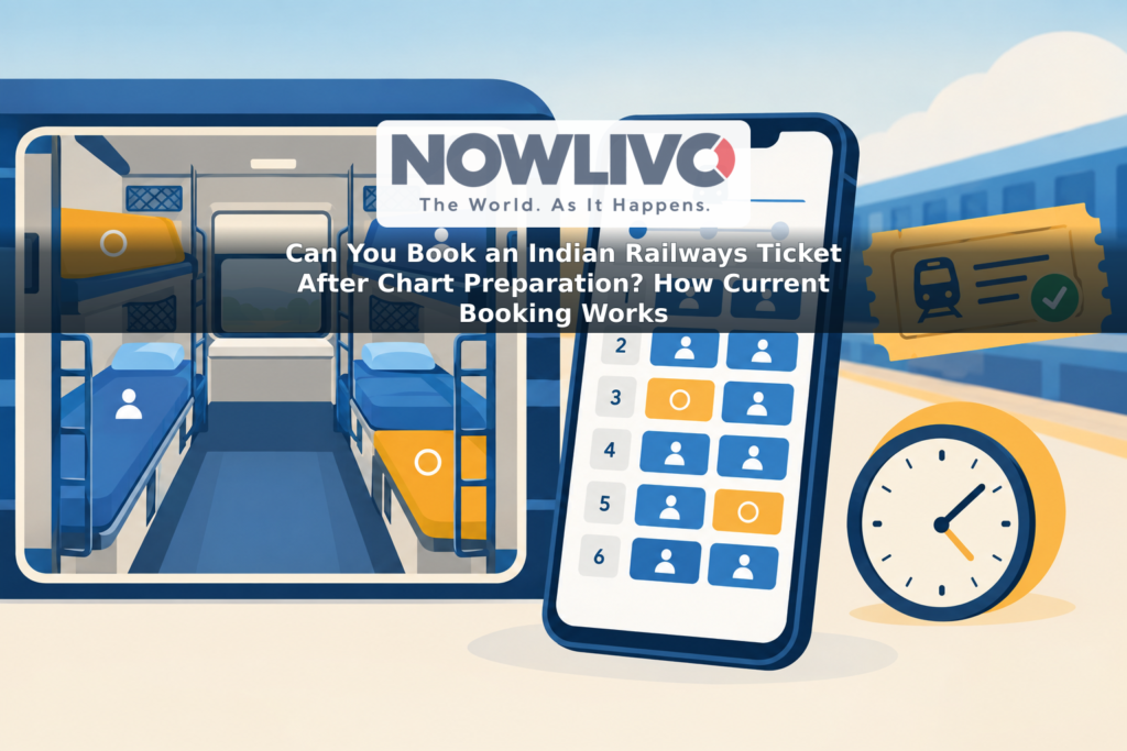 Illustration of a train seating chart and a phone showing vacant berths beside a confirmed-ticket symbol