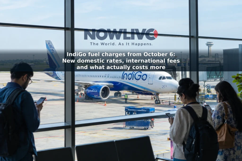 An IndiGo aircraft at an airport gate as travellers check their phones inside the terminal.