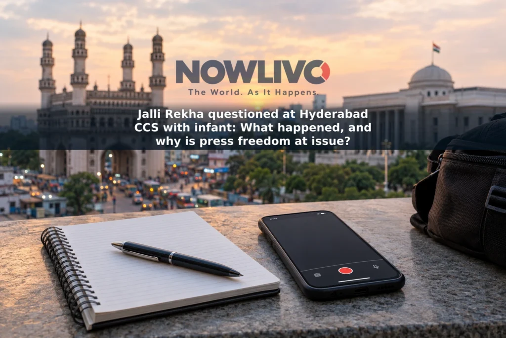 Editorial illustration of a reporter’s notebook and smartphone against a Hyderabad civic streetscape
