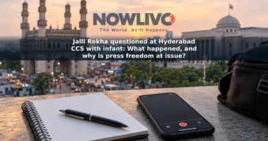 Editorial illustration of a reporter’s notebook and smartphone against a Hyderabad civic streetscape
