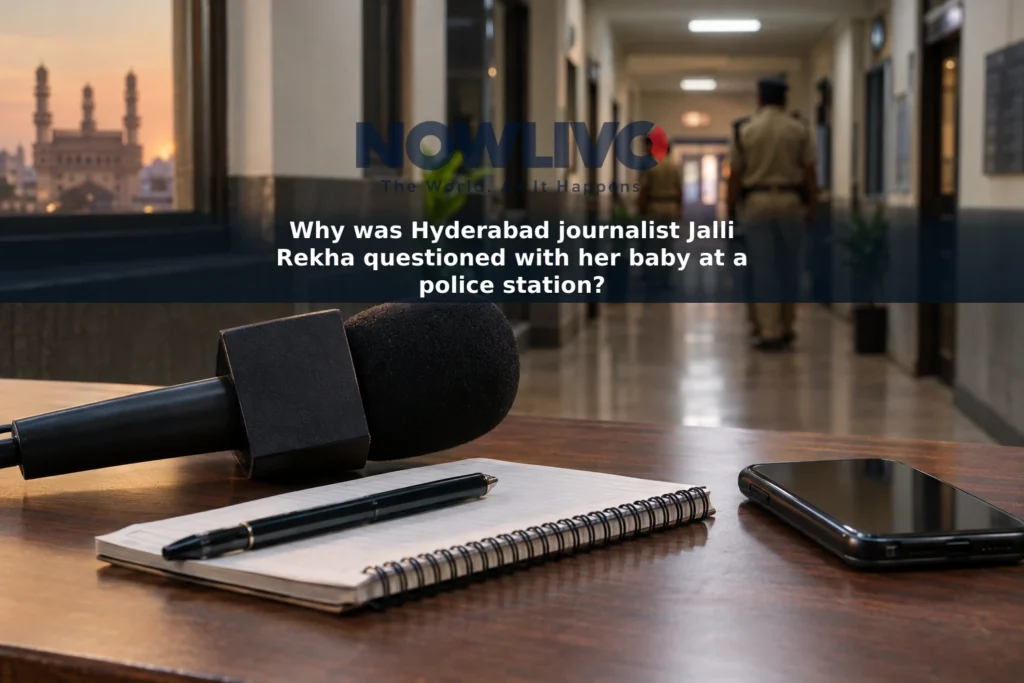 Editorial illustration of a microphone, notebook and phone with a police office corridor in the background.