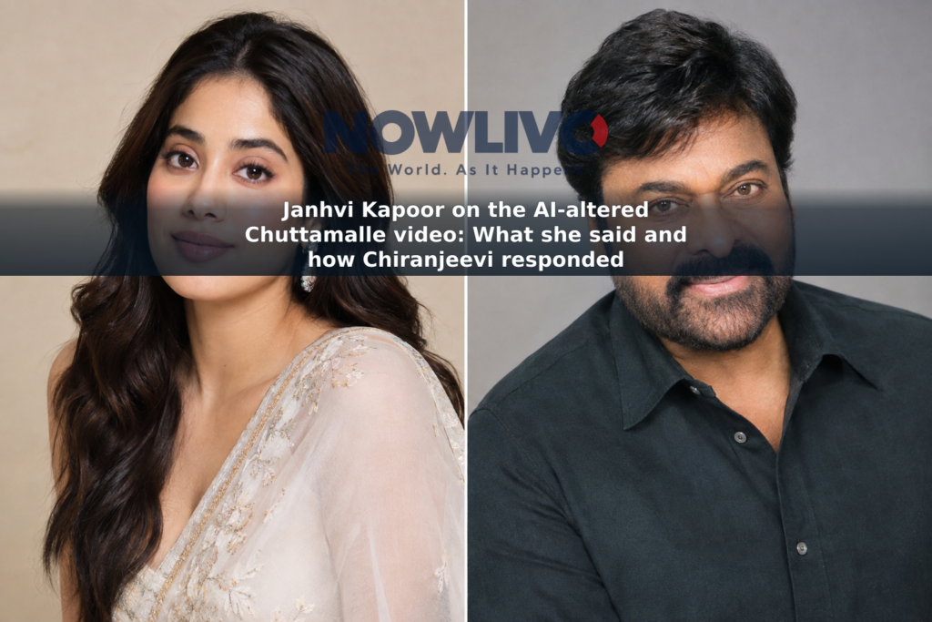 Editorial-style composite portraits of Janhvi Kapoor and Chiranjeevi in separate frames.