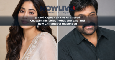 Editorial-style composite portraits of Janhvi Kapoor and Chiranjeevi in separate frames.