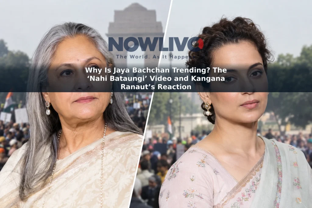 Editorial composite portraits of Jaya Bachchan and Kangana Ranaut against a softly rendered Delhi protest backdrop.