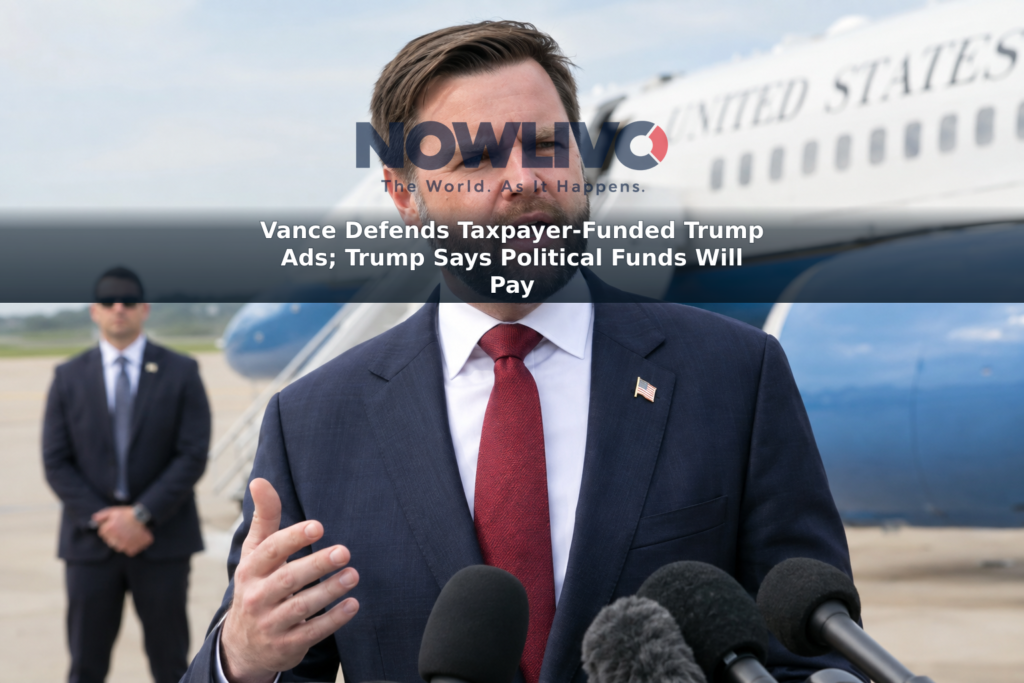 Vice President JD Vance speaks to reporters beside an aircraft on a daylight tarmac.