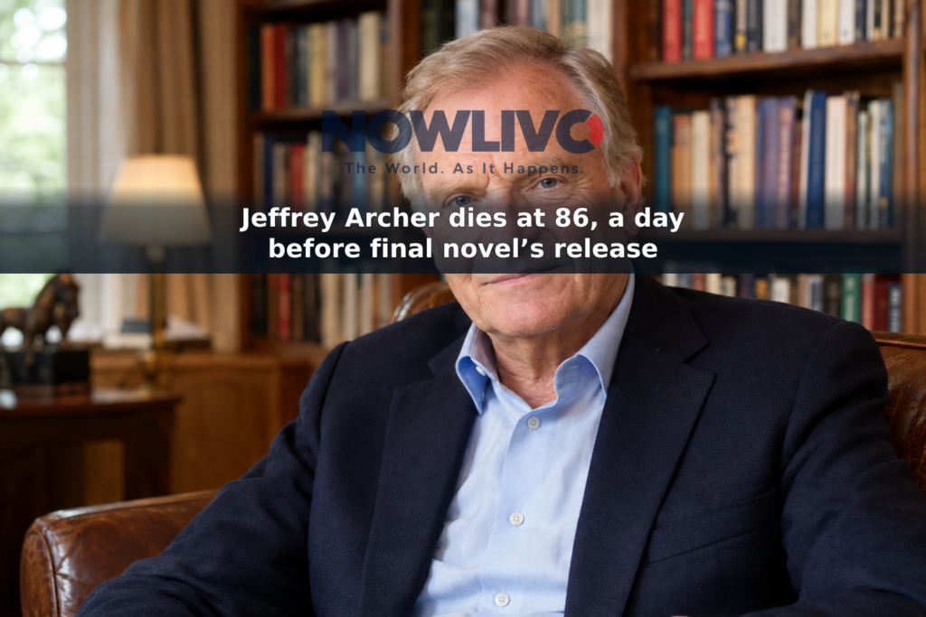 Editorial-style portrait of Jeffrey Archer seated beside bookshelves.