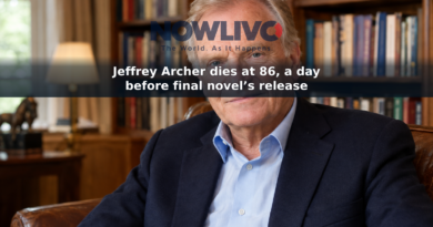 Editorial-style portrait of Jeffrey Archer seated beside bookshelves.