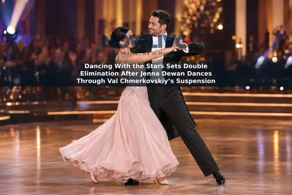 Editorial-style image of Jenna Dewan and Alan Bersten dancing a waltz under ballroom lights
