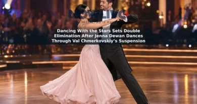 Editorial-style image of Jenna Dewan and Alan Bersten dancing a waltz under ballroom lights