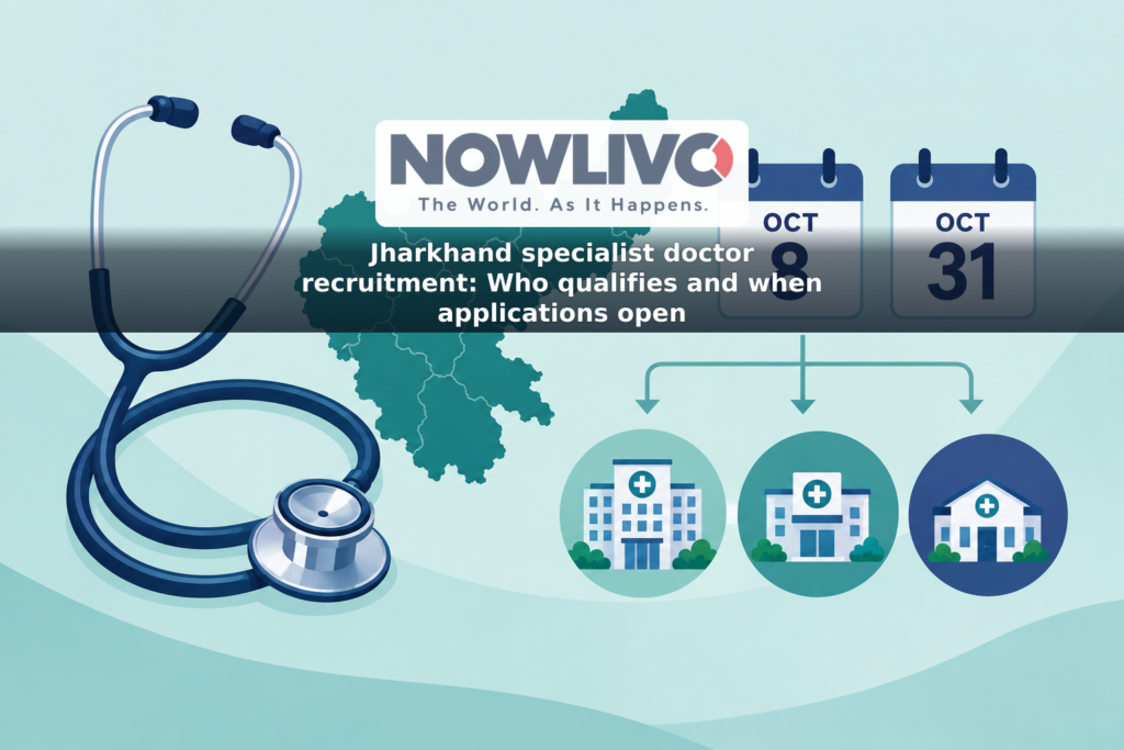 Illustration of a stethoscope, three hospital icons and a calendar marking the Jharkhand specialist doctor application dates.