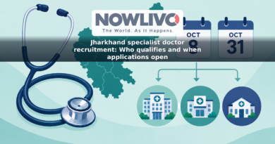 Illustration of a stethoscope, three hospital icons and a calendar marking the Jharkhand specialist doctor application dates.