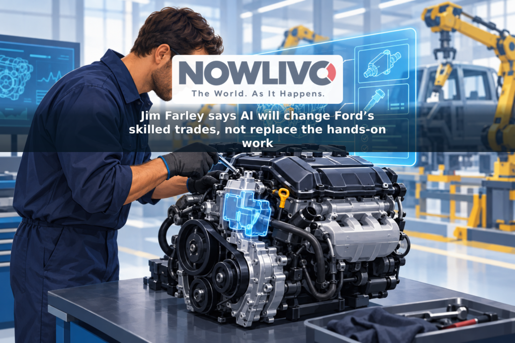 Illustration of an automotive technician inspecting an engine with digital guidance diagrams and factory equipment behind them.