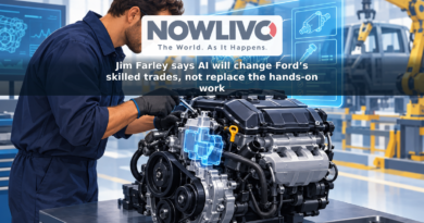 Illustration of an automotive technician inspecting an engine with digital guidance diagrams and factory equipment behind them.