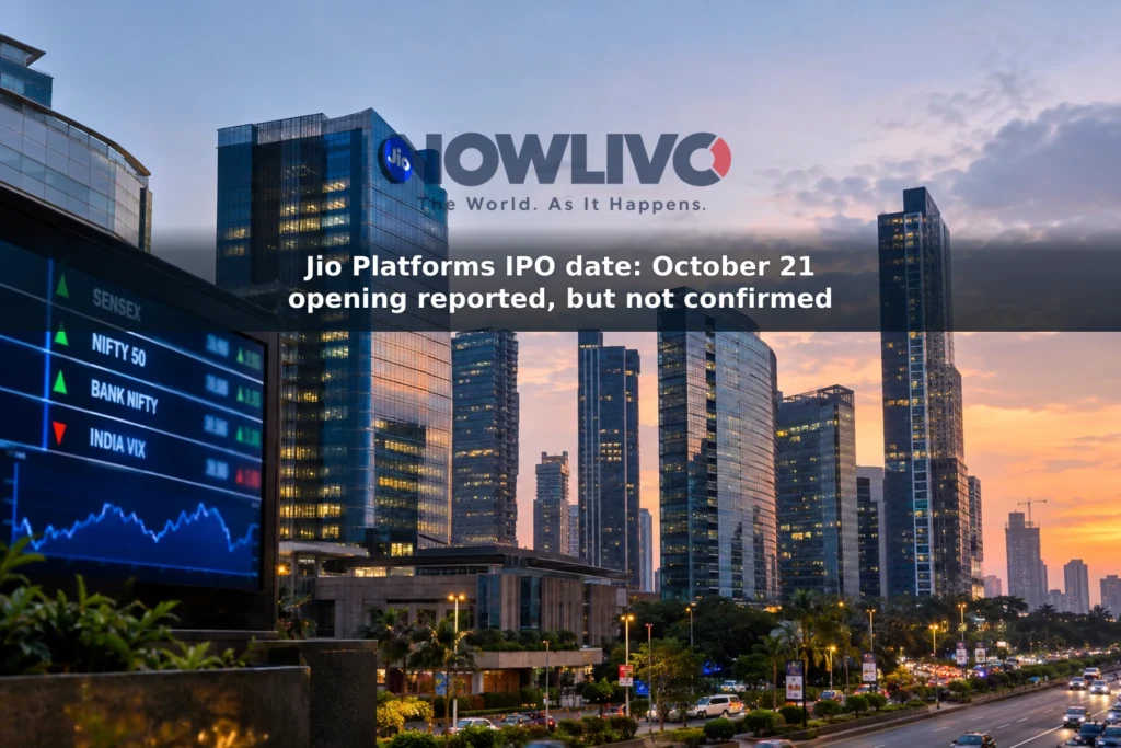 Mumbai business district at dusk with subtle Jio signage and a financial-market display