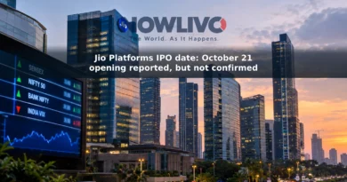 Mumbai business district at dusk with subtle Jio signage and a financial-market display