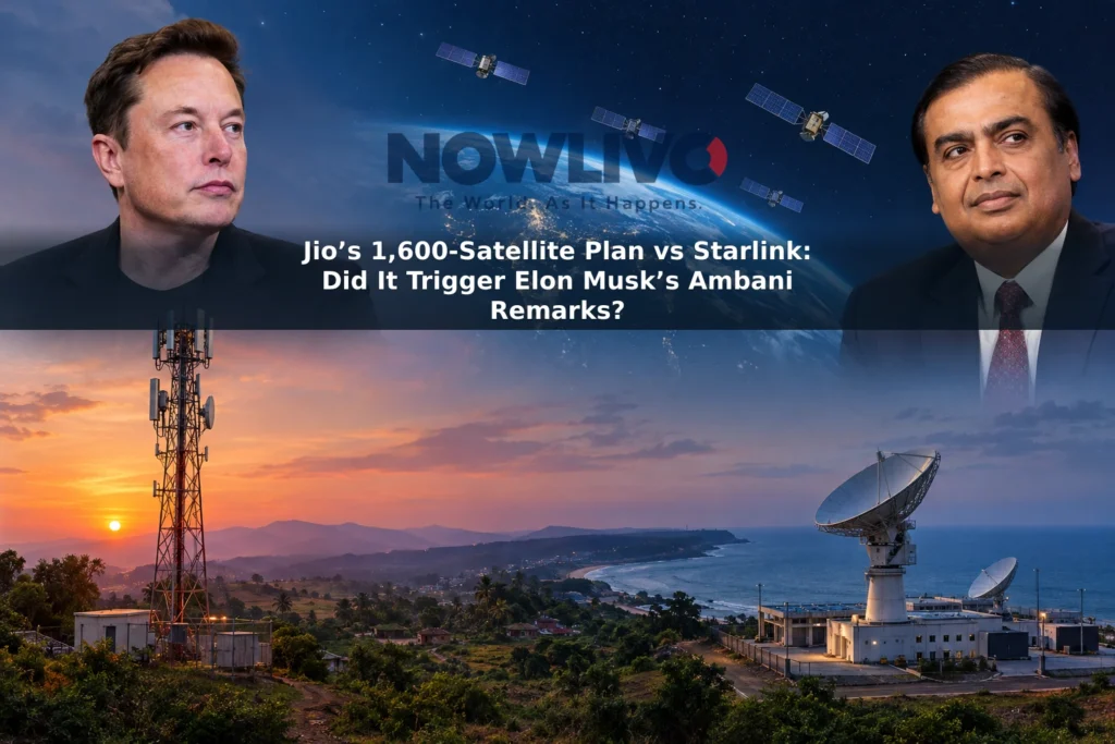 Editorial illustration of satellites above India, a ground station and portraits of Elon Musk and Mukesh Ambani.