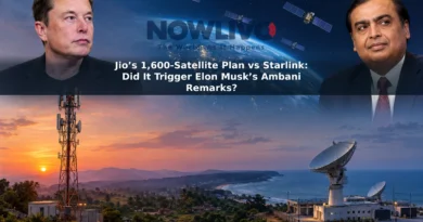 Editorial illustration of satellites above India, a ground station and portraits of Elon Musk and Mukesh Ambani.