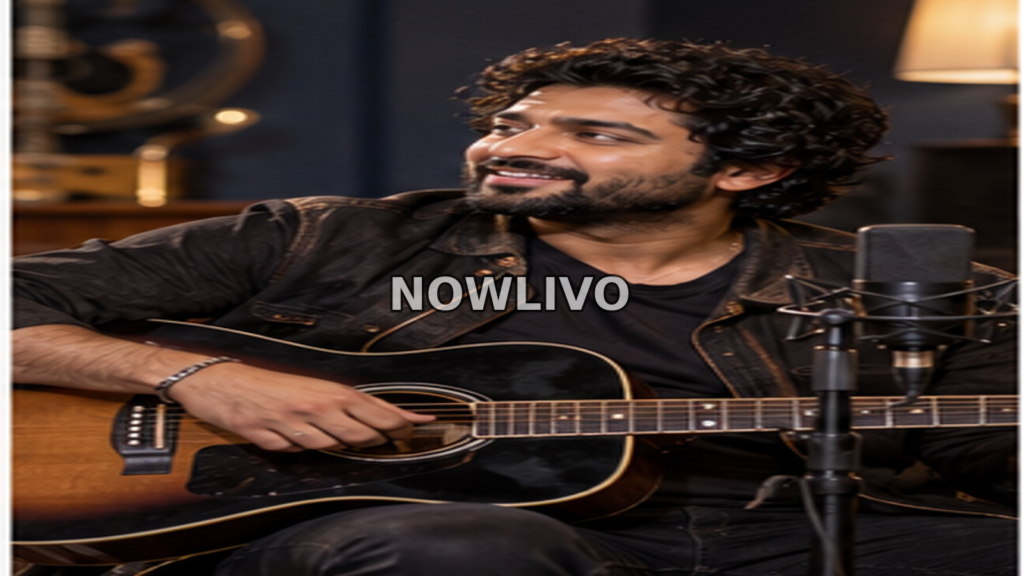 Musician seated with an acoustic guitar beside a recording microphone in a warmly lit studio.