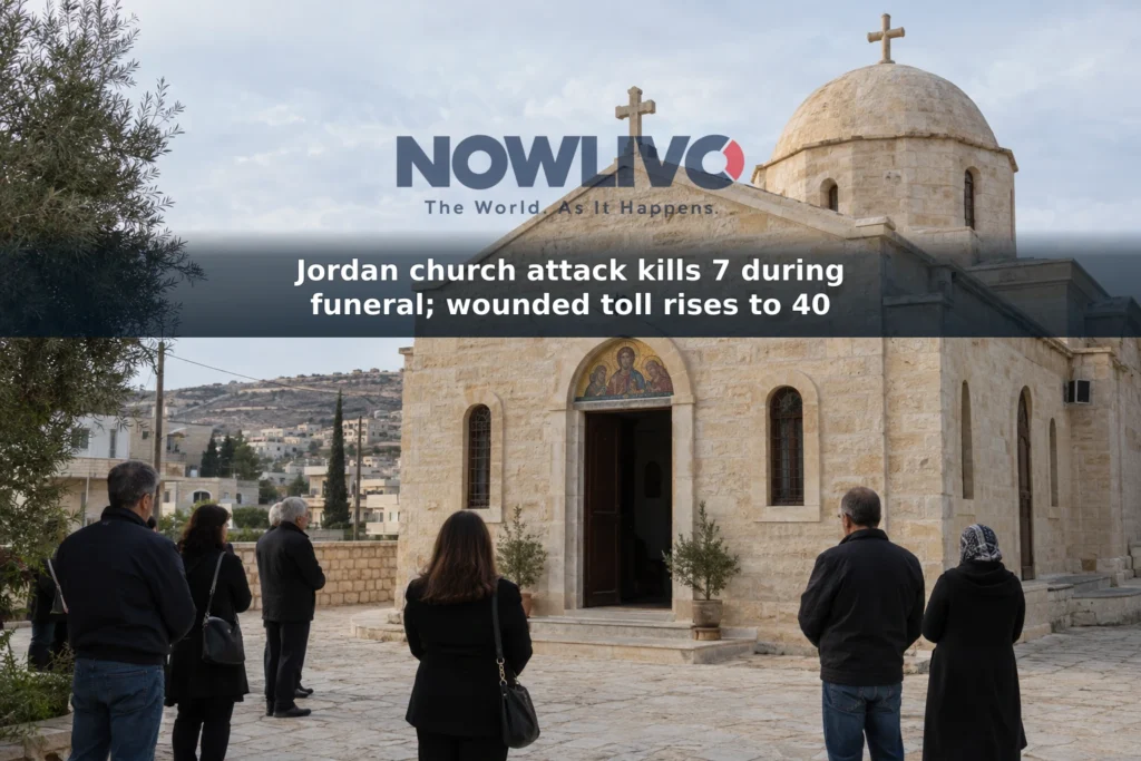 Illustrative view of a Greek Orthodox church exterior in southern Jordan with adults nearby