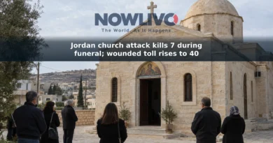 Illustrative view of a Greek Orthodox church exterior in southern Jordan with adults nearby